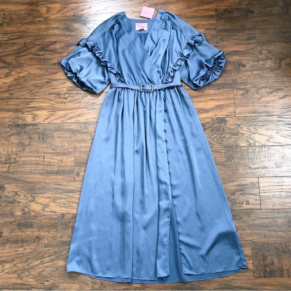 Kate Spade • Belted Satin Midi Dress ruffle trim short sleeve Antique Blue - Picture 2 of 16